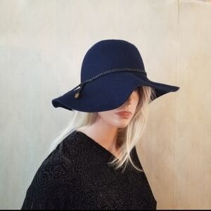 Dark Navy Blue Wide Brim Hat with Braided Band Ending in Gold Tabs Church Office